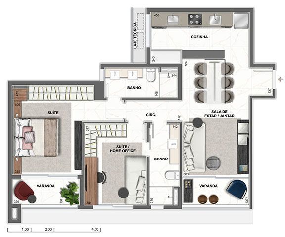 apartamento na planta de 2 quartos