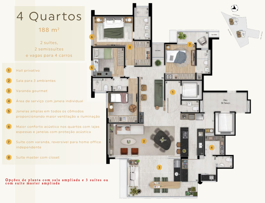 apartamento na planta de 4 quartos