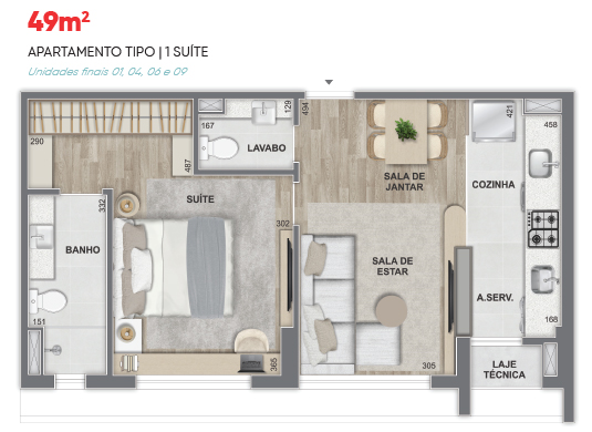 apartamento 1 quarto na planta