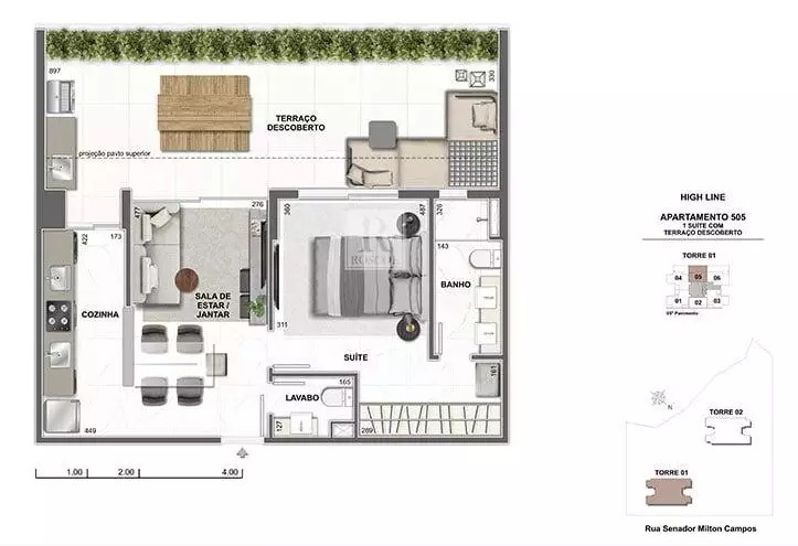 1 quarto com área privativa